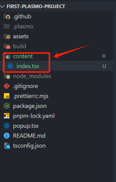 VS Code文件资源管理器显示Plasmo项目根目录下content文件夹中的index.tsx文件，这是创建Content Script的第二种方式